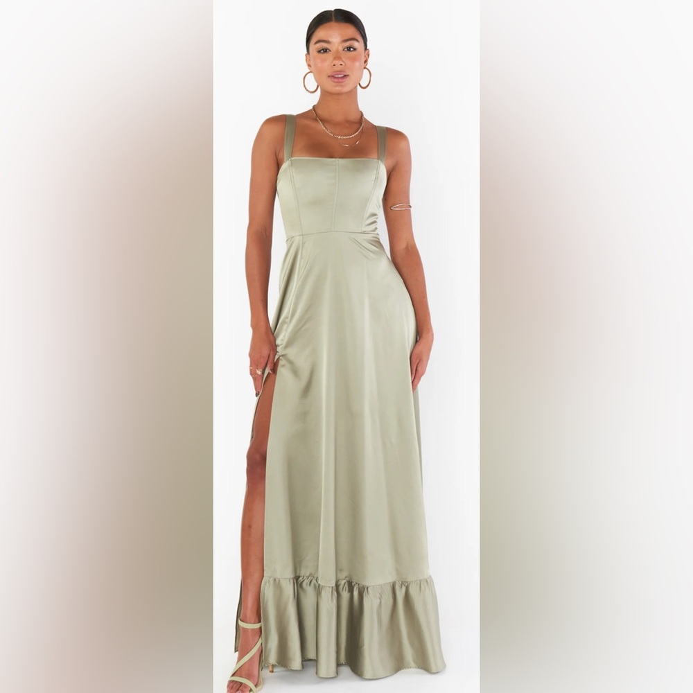 Show Me Your MuMu Sage Green Satin Wedding Dress with Ruffle Hem